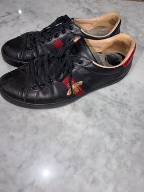 Gucci Black Leather Web Stripe Bee Sneakers with Red Heel